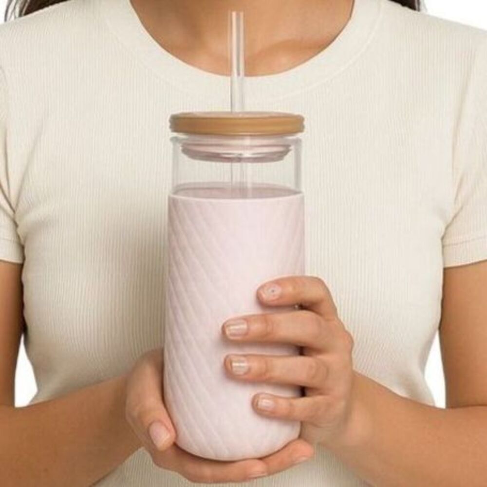 18 OZ Ello Glass Tumbler Pink Satin Silicone Sleeve Wooden Lid Devon Container
